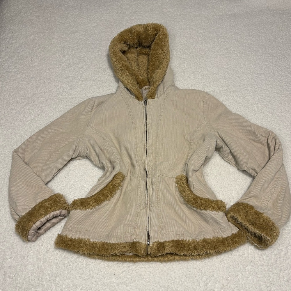 Static Women Beige Corduroy Fur Trim Full Zip Hooded Jacket